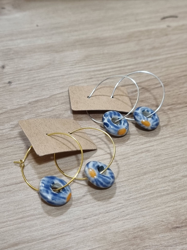 Ceramic Hoop Circle Earrings - Blue Flower