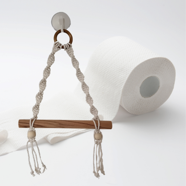 Support papier toilette en bois et macramé écru