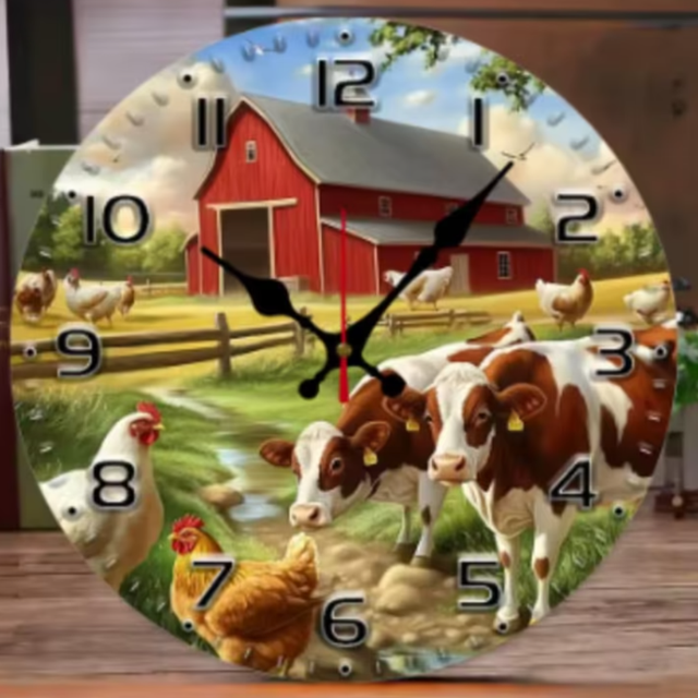 Ronde wandklok van hout Boerderij (25cm)