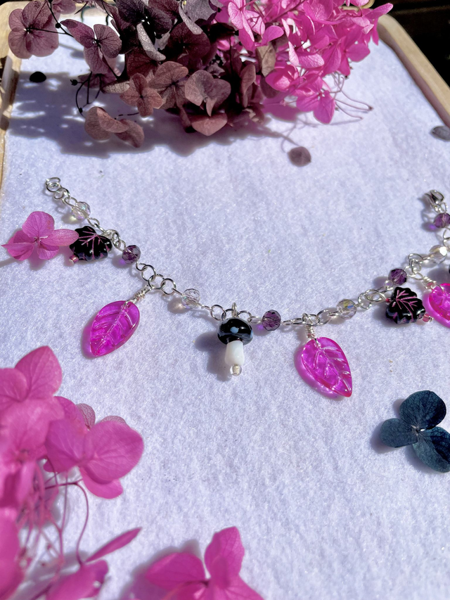 Bracelet " Feuilles et Champignons" - Rose et Noir