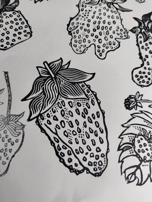 impression linogravure fraises "Collection" 24X32cm