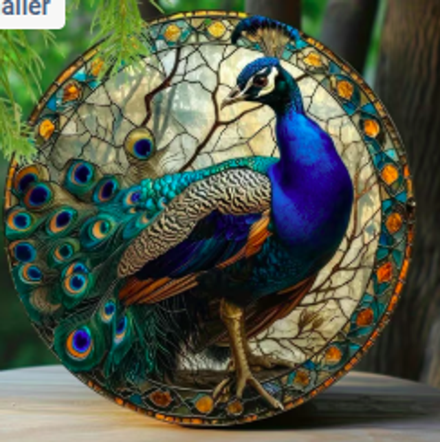 Wanddecoratie metalen bord Pauw (20cm diameter)