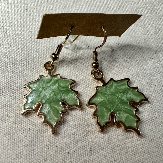 Green maple leaf earrings