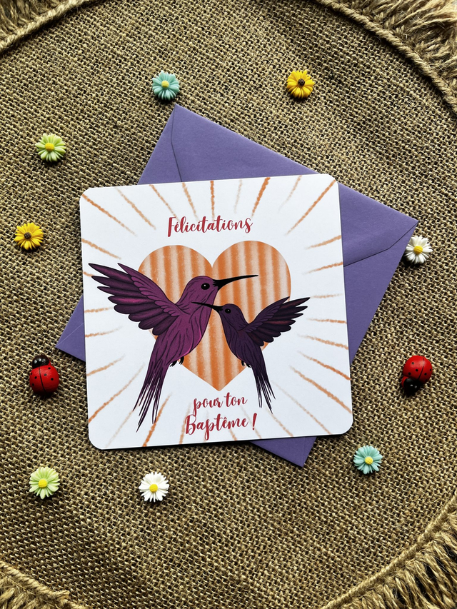 Carte de vœux Baptême &quot;Envol&quot; - rose/violet