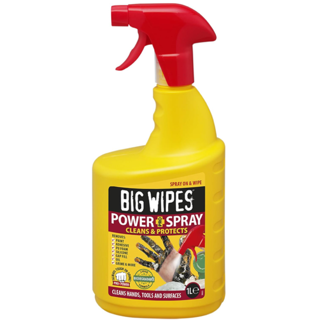 Big Wipes Power Spray 1L, spray de nettoyage spécialisé à action rapide pour les surfaces, les outils et les mains.