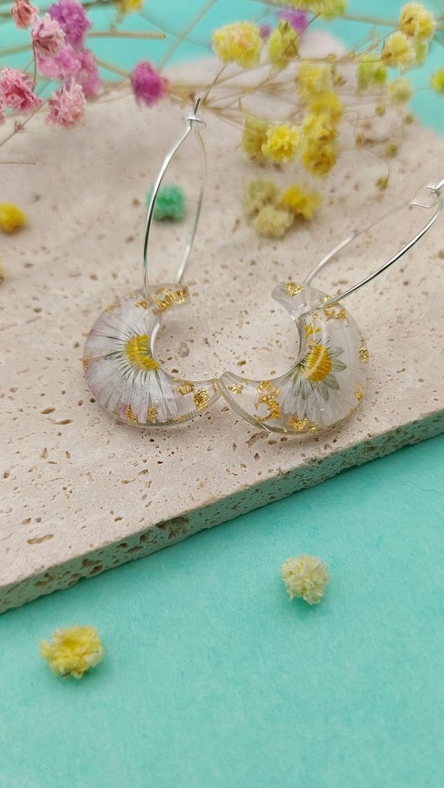 Handmade Daisy Half Moon Hoop Earrings