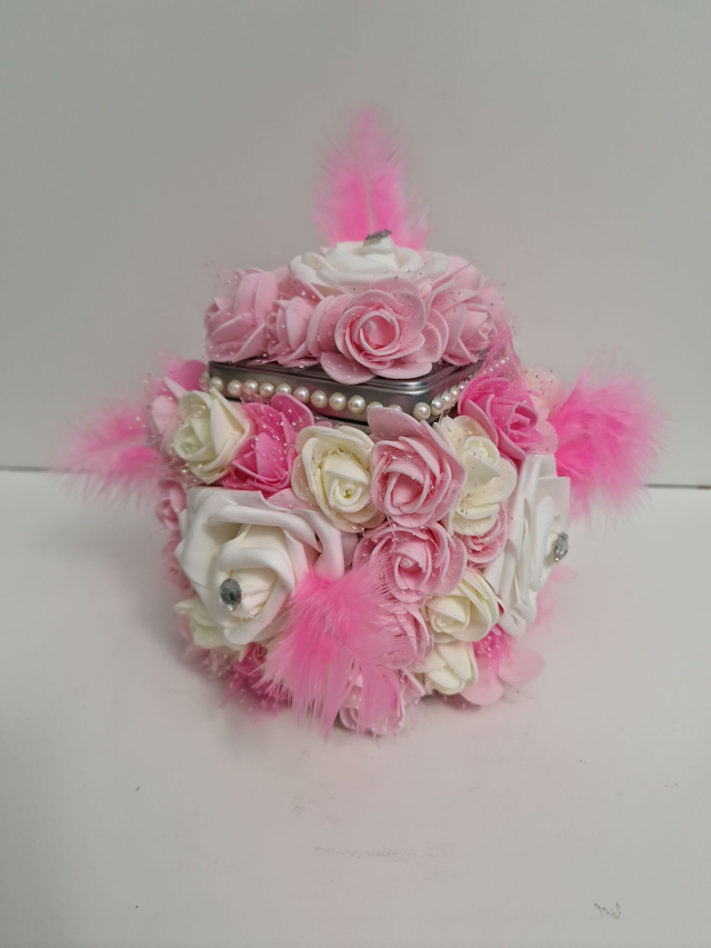 Boite A Bijoux Boite Décorative Fleurs Roses Blanches Plumes Perles Strass