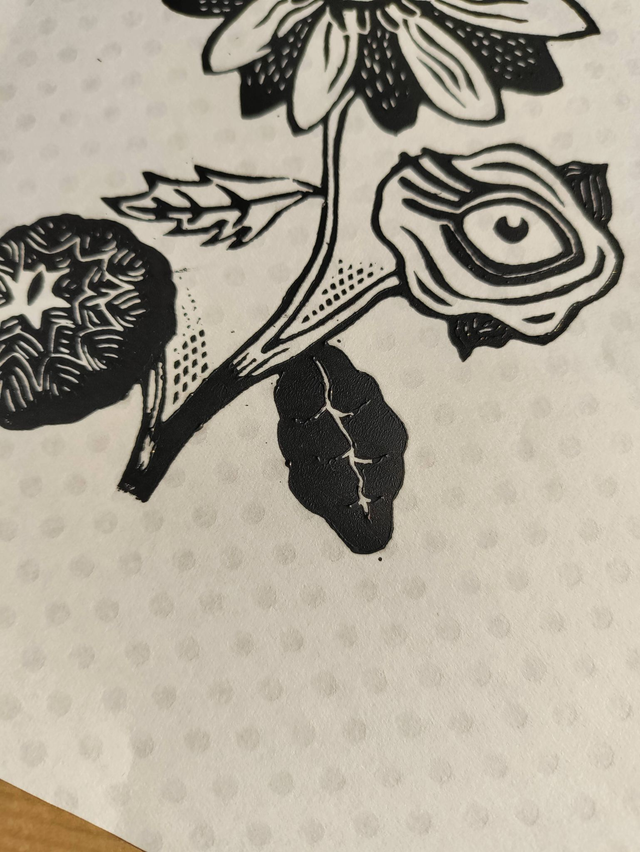 impression linogravure, fleur de souci format A5 papier à pois!