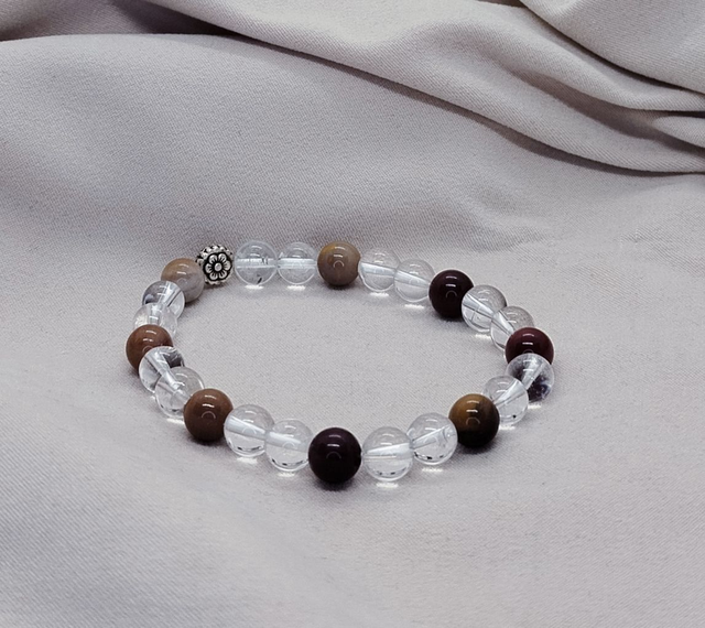 Bracelet homme 19 cm en pierres naturelles   (cristal de roche, jaspe mokaïte)