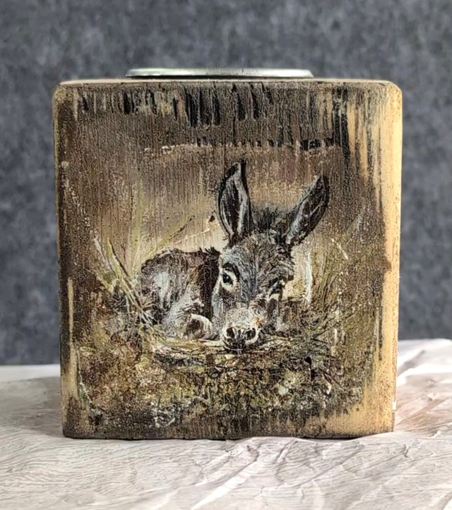 Donkey, baby nestled in straw - Tealight Holder Reclaimed Wood