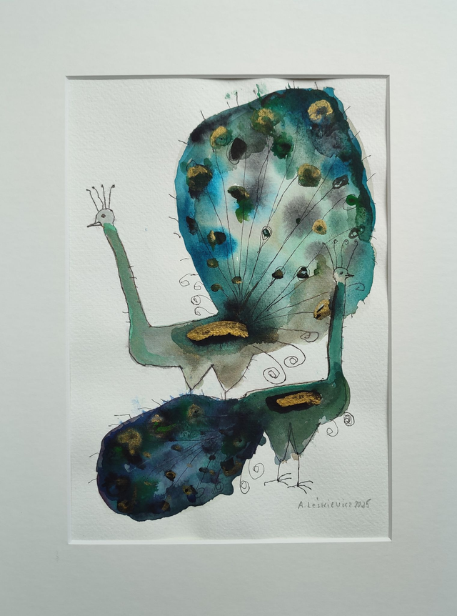 Pawie, 40x30 cm, (29x20 w świetle passe-partout) akwarela 2025