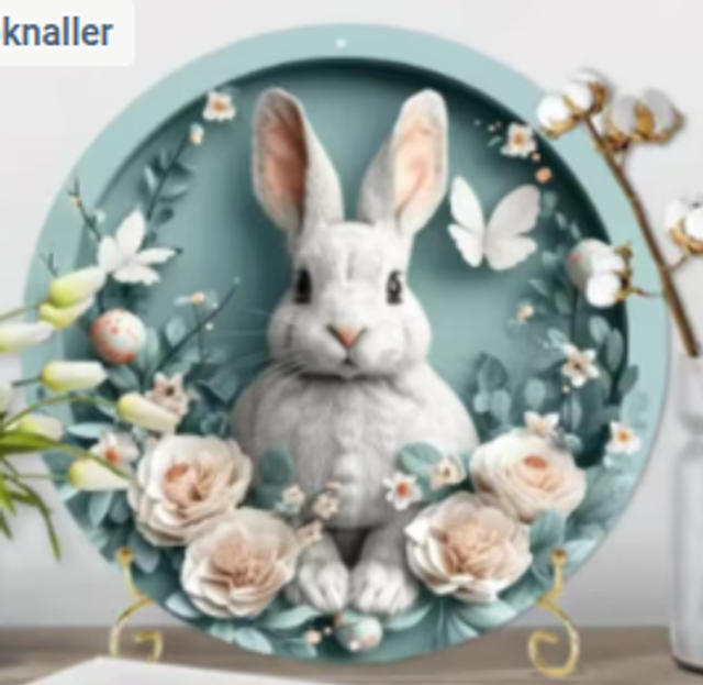 Wanddecoratie metalen bord Konijn wit (20cm diameter)