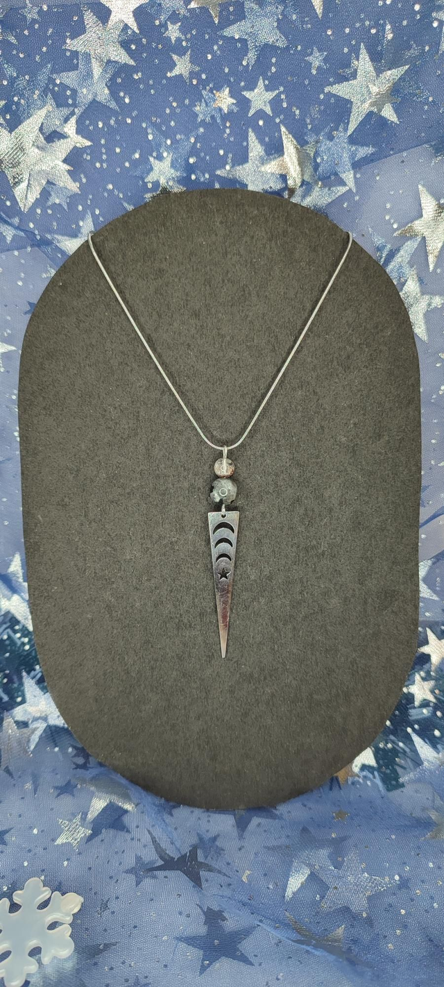 Pendentif Lune&amp;Etoiles - Larvikite/Quartz fantôme