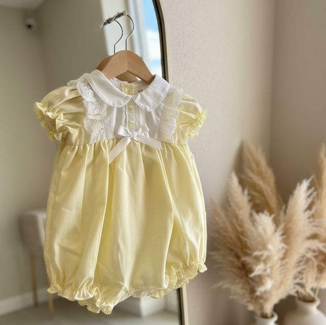 Baby Girls Lemon Lace Romper With Bow 