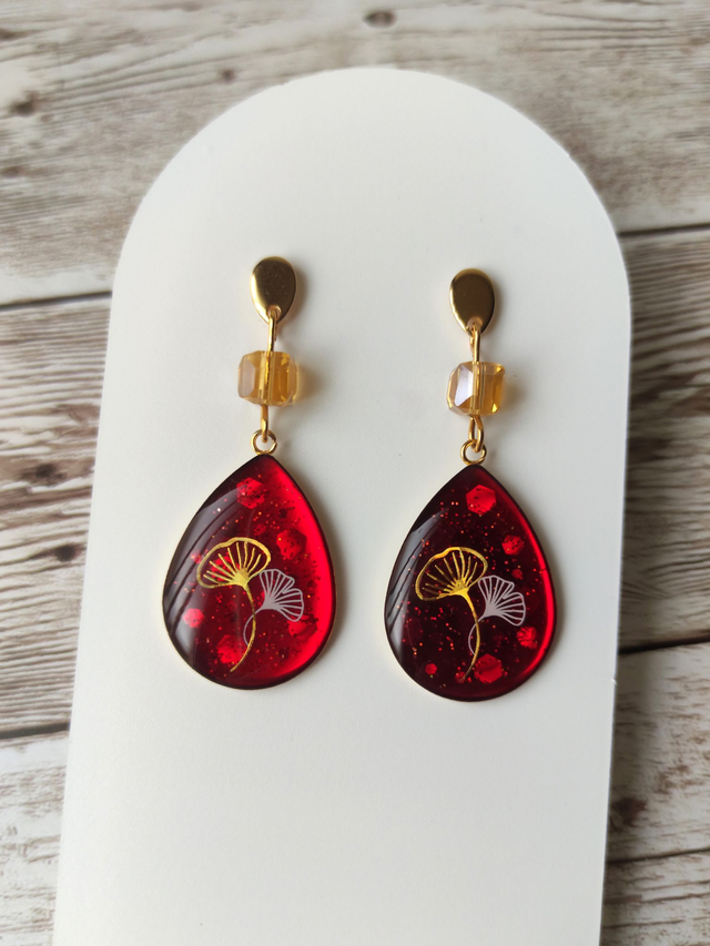 Boucles &quot;Lola&quot; rouge rubis gingko acier inoxydable 