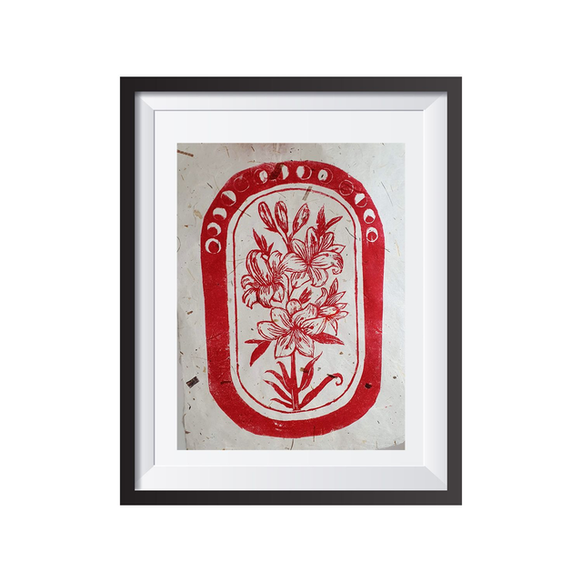 Red Lunar phases linocut print