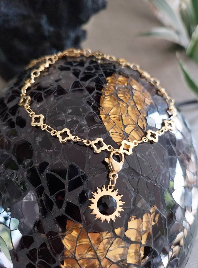  ✨Bracelet &quot;Porte-Bonheur&quot; Soleil acier pierre agate noire✨
