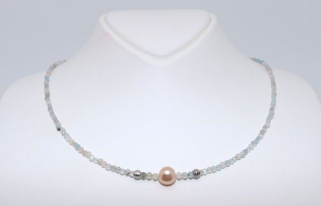 Morganit mit Aquamarine und rosa Perle - Eva
