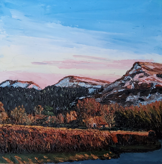 Carlton, Cringle and Cold Moors glowing pink in the winter sun. Original oil on 6x6&quot; wooden canvas. 