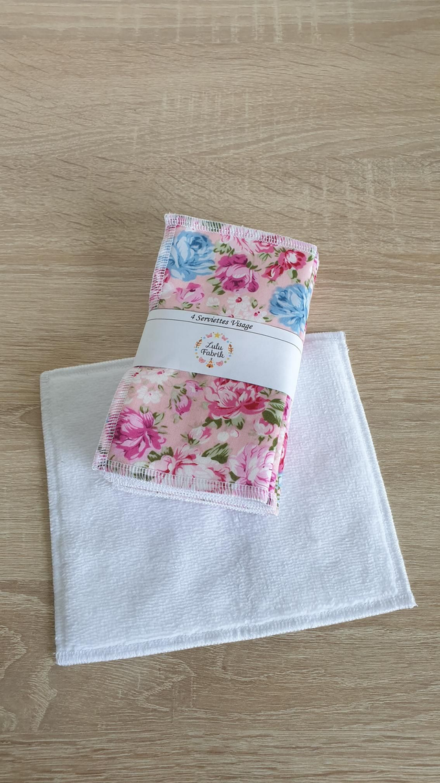 Lot de 4 serviettes visage fleurs rose