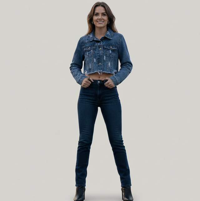 Veste Denim Cropped Style Vintage - Blouson Jean Court à Bords Effilochés