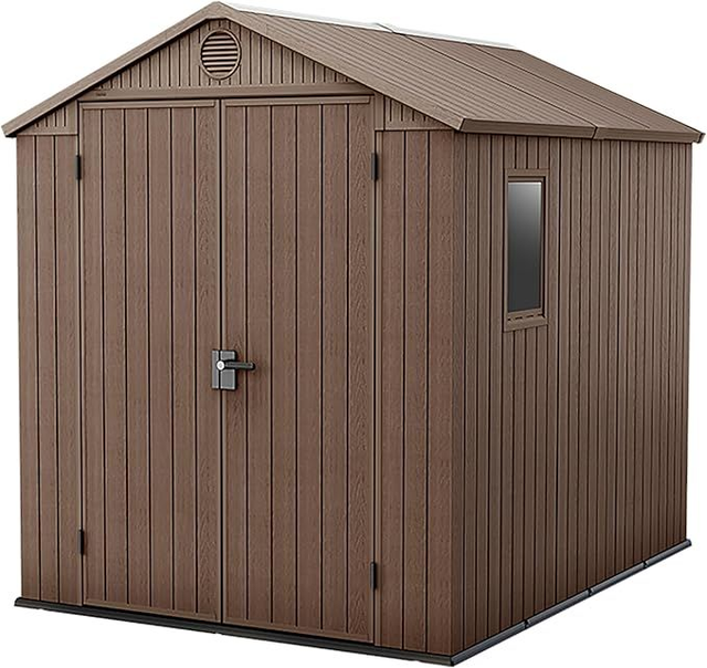 Keter Darwin 6x8ft Outdoor Resin Garden Shed – Brown Evotech+ Wood-Look | Waterproof Resin Storage for Tools & Bikes | Double Doors | Lockable 