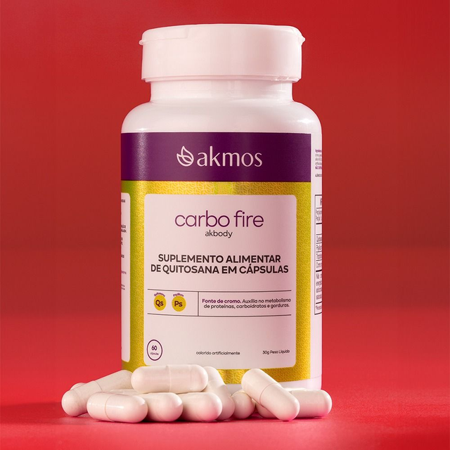 Akmos: SUPLEMENTO CARBO FIRE (60 cáps, 500mg): Quitosana, Psyllium, L-Triptofano e Picolinato de Cromo