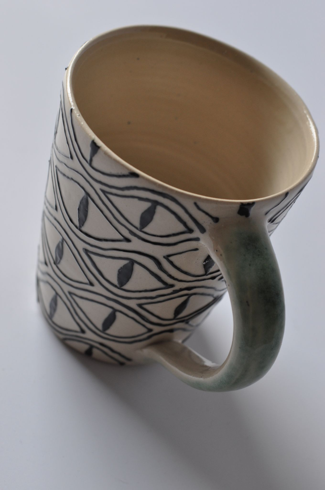 Ceramic Stoneware Cup with Snake Eyes Psychedelic Patterns, handmade - Artistic Piece