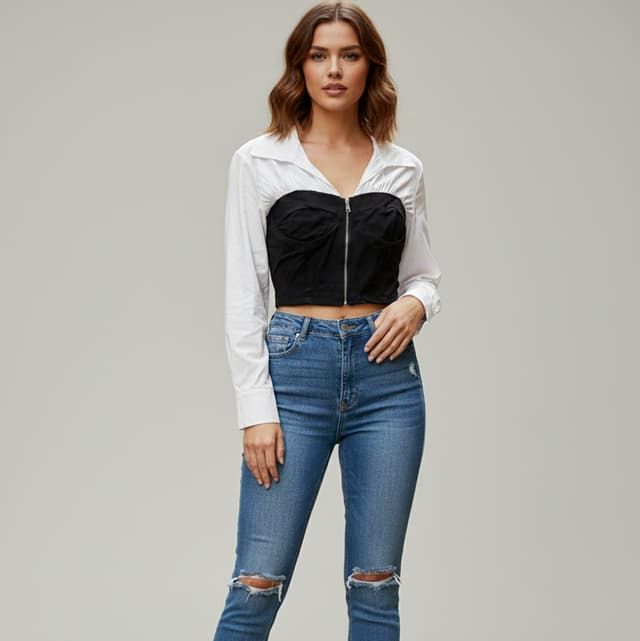 Top corset noir avec manches chemise blanche - Look bi-matière chic