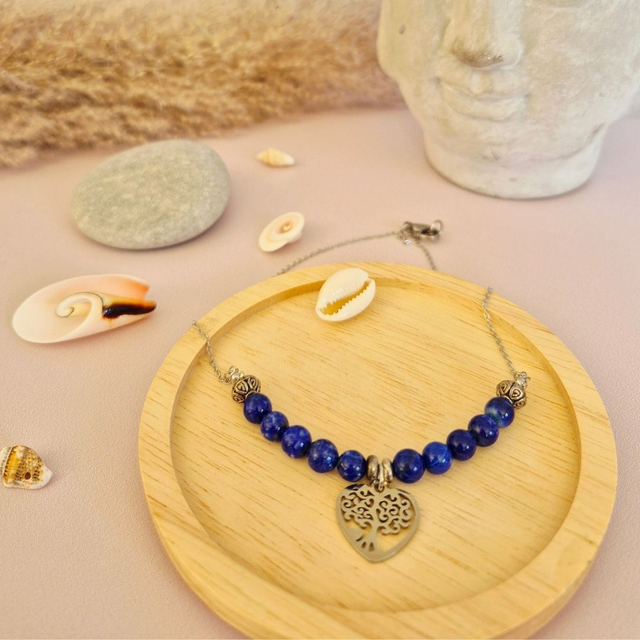 Collier KABOUL – Lapis Lazuli naturel & Arbre de Vie cœur