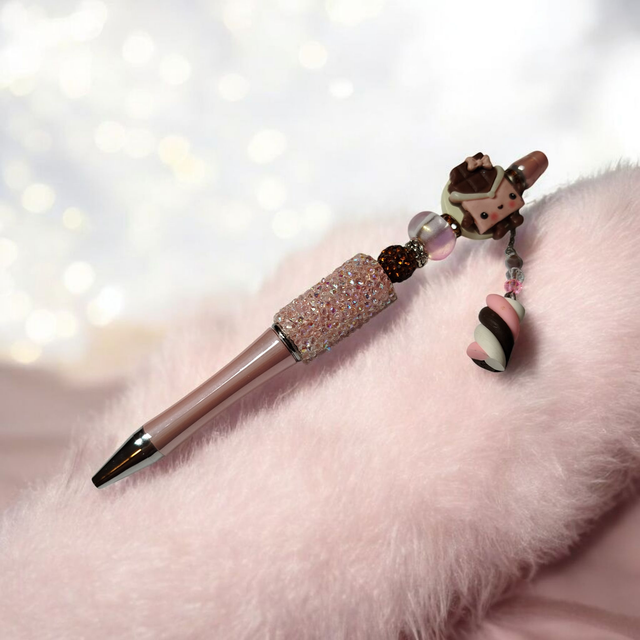 Stylo perles rose marron