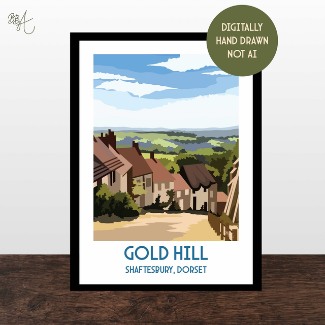 Gold Hill, Shaftesbury, Travel Poster Print - Vintage Style Dorset Wall Art