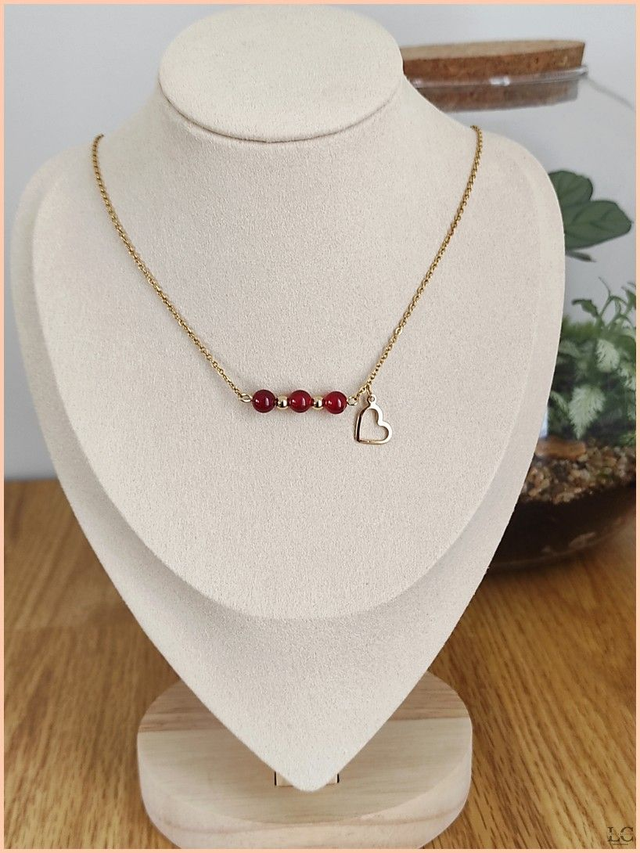 Collier trio de perles et breloque, pierre naturelle - Agate rouge
