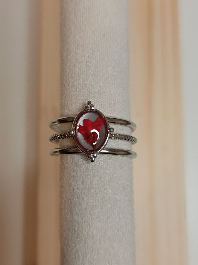 Bague Multirangs Réglable - Fleur rouge - Argent