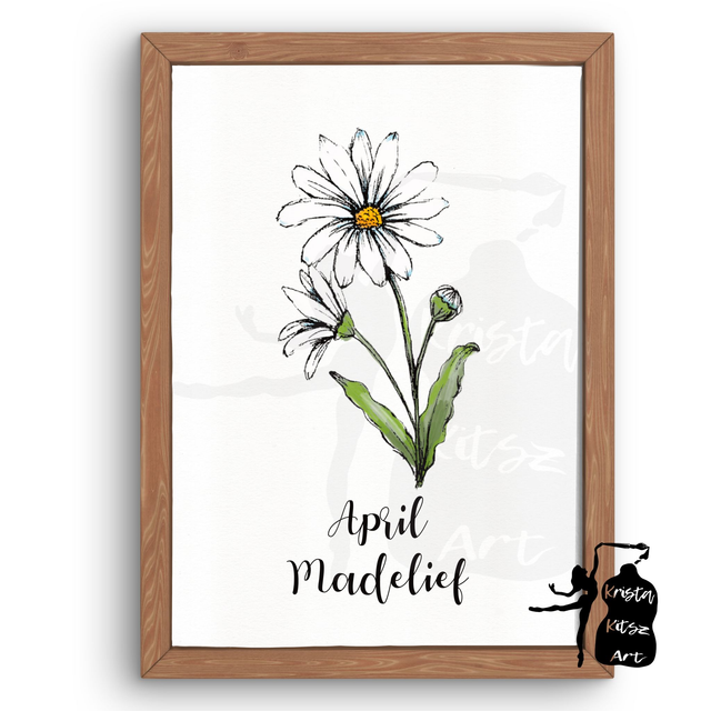 Geboortebloem April Madelief in kleur,  luxe kunstprint op fine art papier van originele tekening, met of zonder tekst 