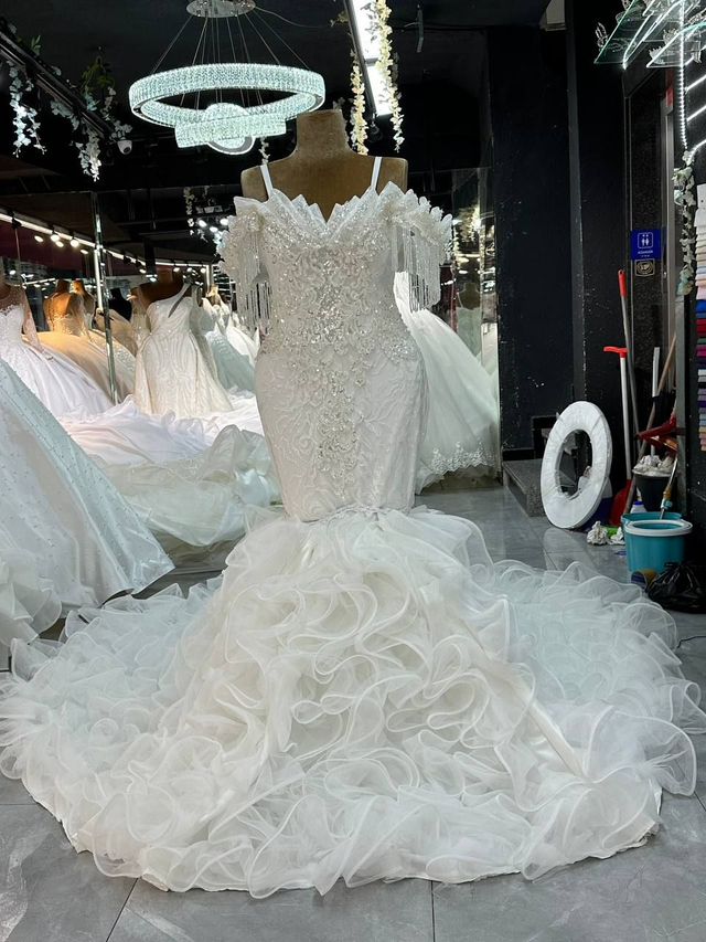 Robe de Mariée Sirène Col Bateau Manches en Perlée et Brodée / Réf : RMS84