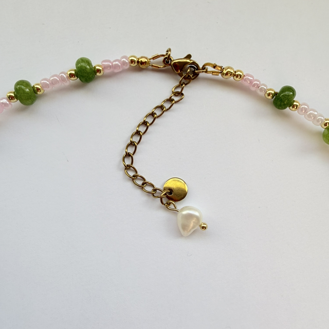 Penelope - Pink, Green & Pearl Beaded Necklace