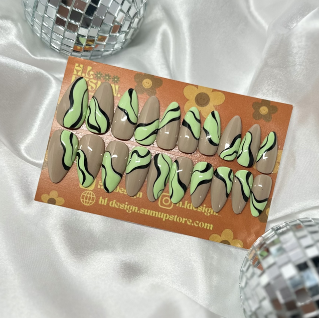 Adult Almond Green and Black Swirl Press-on Nails