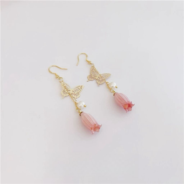Lilian Lily of the Valley Flower Drop Hoop Earrings with Butterfly Accents