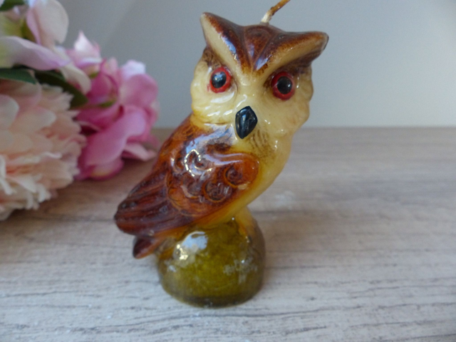 Vintage bougie animal hibou chouette Italie, Figurine hibou en cire, Bougie thème animaux de la forêt, décoration d'intérieur, cadeau ami