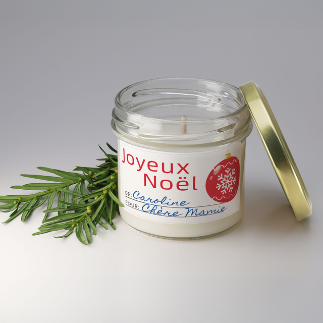 Bougie artisanale parfumée en cire de soja avec étiquette personnalisée - Cadeau pour Noël, Nouvel An, Fêtes de fin d'année, 100g (CJN30)