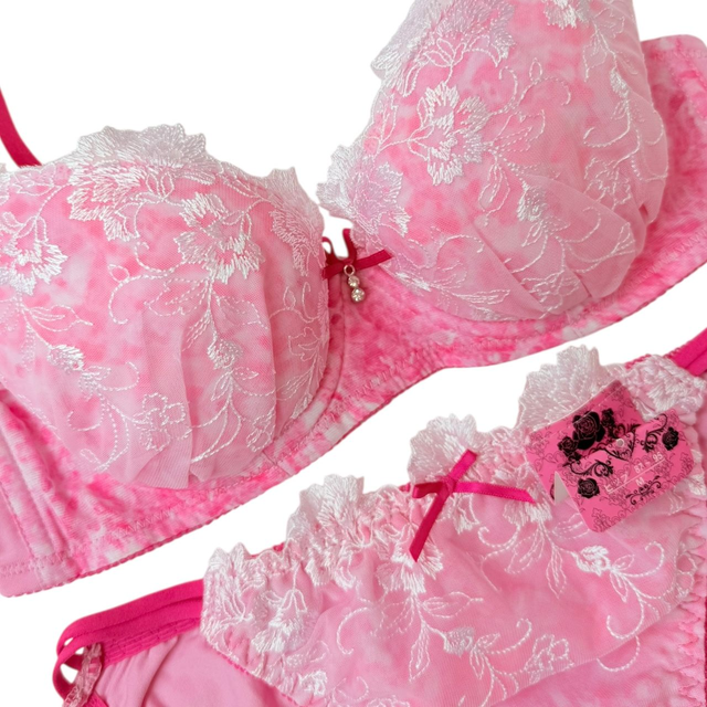 Pink floral lace Japanese Bra + Underwear Set UK 32A    