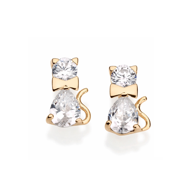 Brinco folheado a ouro 18k gato em zircônias Branco