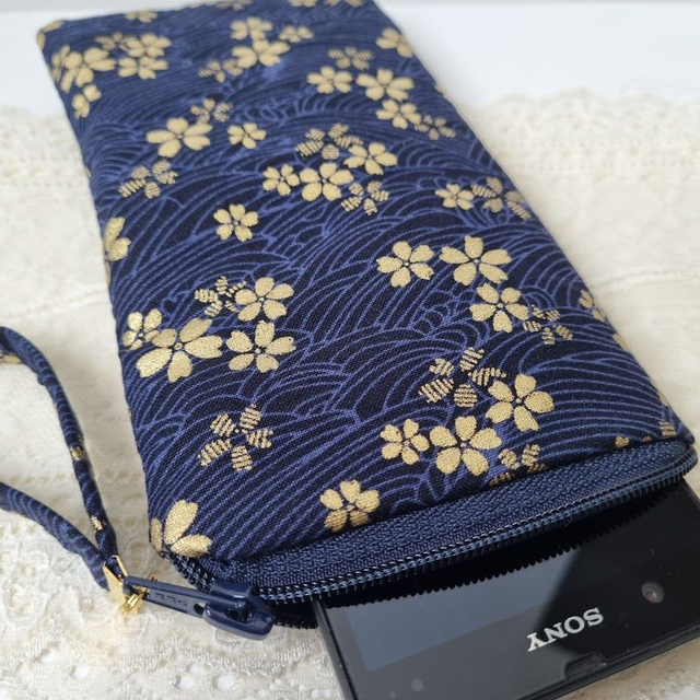 Etui zippé pour smartphone "Sakura" bleu marine