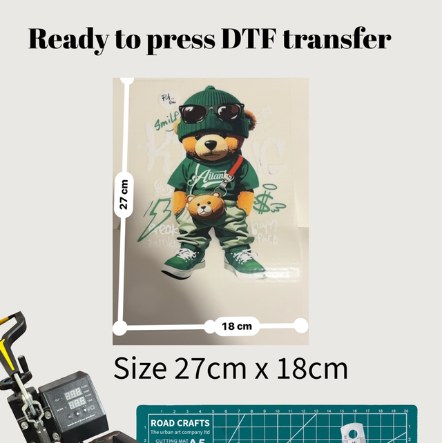 Green outfit, teddy bear DTF print