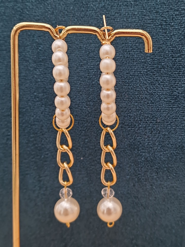 Boucles D'oreilles Fantaisie Créoles Pendantes Dorées Perles Blanches