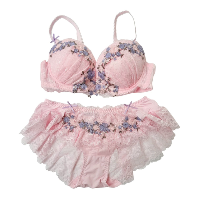 Pink lace + floral appliqué Japanese Bra + Underwear Set UK 32C, 32D