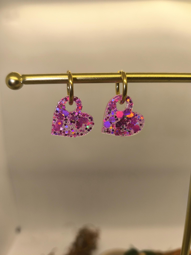 Pampilles interchangeables coeur rose pailletté holographique 