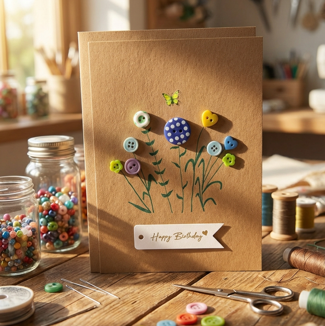 Handmade Blue Button Happy Birthday Card