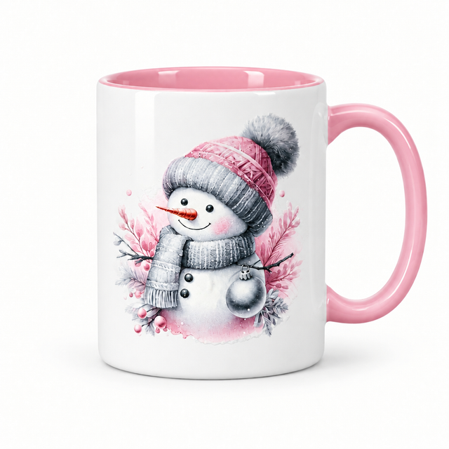 Pink Winter Wonderland Ceramic Mug | Wrap-Around Christmas Wildlife Design with Snowman, Owl & Reindeer